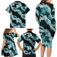 Puakenikeni Maile Lei Family Matching Long Sleeve Bodycon Dress and Hawaiian Shirt Frangipani Turquoise Tropical Leaves LT01 - Polynesian Pride
