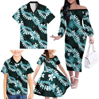 Puakenikeni Maile Lei Family Matching Off The Shoulder Long Sleeve Dress and Hawaiian Shirt Frangipani Turquoise Tropical Leaves LT01 - Polynesian Pride