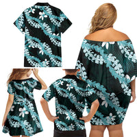 Puakenikeni Maile Lei Family Matching Off Shoulder Short Dress and Hawaiian Shirt Frangipani Turquoise Tropical Leaves LT01 - Polynesian Pride