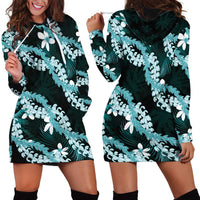 Puakenikeni Maile Lei Hoodie Dress Frangipani Turquoise Tropical Leaves