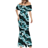 Puakenikeni Maile Lei Mermaid Dress Frangipani Turquoise Tropical Leaves