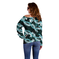 Puakenikeni Maile Lei Off Shoulder Sweater Frangipani Turquoise Tropical Leaves