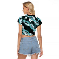 Puakenikeni Maile Lei Raglan Cropped T Shirt Frangipani Turquoise Tropical Leaves