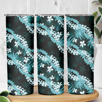 Puakenikeni Maile Lei Skinny Tumbler Frangipani Turquoise Tropical Leaves LT01 - Polynesian Pride
