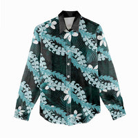 Puakenikeni Maile Lei Women Casual Shirt Frangipani Turquoise Tropical Leaves
