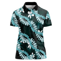 Puakenikeni Maile Lei Women Polo Shirt Frangipani Turquoise Tropical Leaves