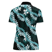 Puakenikeni Maile Lei Women Polo Shirt Frangipani Turquoise Tropical Leaves