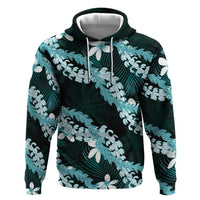 Puakenikeni Maile Lei Zip Hoodie Frangipani Turquoise Tropical Leaves