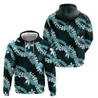 Puakenikeni Maile Lei Zip Hoodie Frangipani Turquoise Tropical Leaves