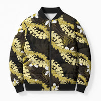 Puakenikeni Maile Lei Bomber Puffer Jacket Frangipani Yellow Tropical Leaves