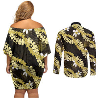 Puakenikeni Maile Lei Couples Matching Off Shoulder Short Dress and Long Sleeve Button Shirt Frangipani Yellow Tropical Leaves LT01 - Polynesian Pride