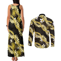 Puakenikeni Maile Lei Couples Matching Tank Maxi Dress and Long Sleeve Button Shirt Frangipani Yellow Tropical Leaves LT01 - Polynesian Pride