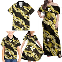 Puakenikeni Maile Lei Family Matching Off Shoulder Maxi Dress and Hawaiian Shirt Frangipani Yellow Tropical Leaves LT01 - Polynesian Pride