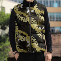 Puakenikeni Maile Lei Sleeveless Puffer Jacket Frangipani Yellow Tropical Leaves