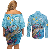 Personalized Hawaii Sea Turtle Couples Matching Off Shoulder Short Dress and Long Sleeve Button Shirt Hawaii Map Ocean Vibes