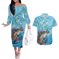 Personalized Hawaii Sea Turtle Couples Matching Off The Shoulder Long Sleeve Dress and Hawaiian Shirt Hawaii Map Ocean Vibes