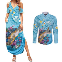 Personalized Hawaii Sea Turtle Couples Matching Summer Maxi Dress and Long Sleeve Button Shirt Hawaii Map Ocean Vibes
