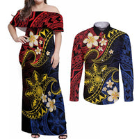 Philippines Spirit Tribal Sun Plumeria Couples Matching Off Shoulder Maxi Dress and Long Sleeve Button Shirt Red And Blue Polynesian Pattern