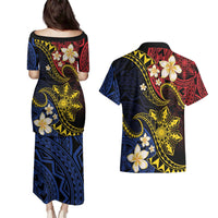 Philippines Spirit Tribal Sun Plumeria Couples Matching Puletasi and Hawaiian Shirt Red And Blue Polynesian Pattern