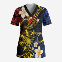 Philippines Spirit Tribal Sun Plumeria Scrub Top Red And Blue Polynesian Pattern - Polynesian Pride