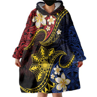 Philippines Spirit Tribal Sun Plumeria Wearable Blanket Hoodie Red And Blue Polynesian Pattern
