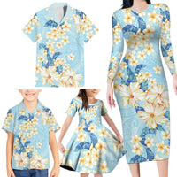 Hawaii Hibiscus Plumeria Blue Family Matching Long Sleeve Bodycon Dress and Hawaiian Shirt Polynesian Pattern LT01 - Polynesian Pride