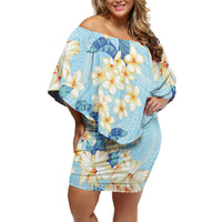 Hawaii Hibiscus Plumeria Blue Family Matching Off Shoulder Short Dress and Hawaiian Shirt Polynesian Pattern