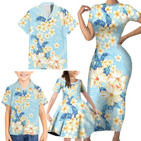 Hawaii Hibiscus Plumeria Blue Family Matching Short Sleeve Bodycon Dress and Hawaiian Shirt Polynesian Pattern LT01 - Polynesian Pride