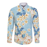 Hawaii Hibiscus Plumeria Blue Long Sleeve Button Shirt Polynesian Pattern LT01 Unisex Blue - Polynesian Pride