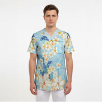 Hawaii Hibiscus Plumeria Blue Scrub Top Polynesian Pattern LT01 - Polynesian Pride