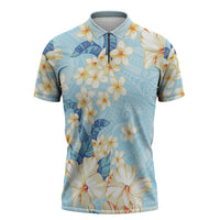 Hawaii Hibiscus Plumeria Blue Zipper Polo Shirt Polynesian Pattern