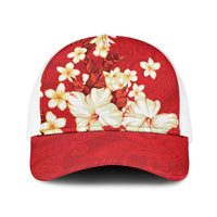 Hawaii Hibiscus Plumeria Red Baseball Net Cap Polynesian Pattern LT01 One Size White Red - Polynesian Pride