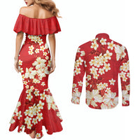 Hawaii Hibiscus Plumeria Red Couples Matching Mermaid Dress and Long Sleeve Button Shirt Polynesian Pattern