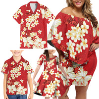 Hawaii Hibiscus Plumeria Red Family Matching Off Shoulder Short Dress and Hawaiian Shirt Polynesian Pattern