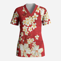 Hawaii Hibiscus Plumeria Red Scrub Top Polynesian Pattern LT01 Adult Red - Polynesian Pride