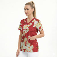 Hawaii Hibiscus Plumeria Red Scrub Top Polynesian Pattern LT01 - Polynesian Pride