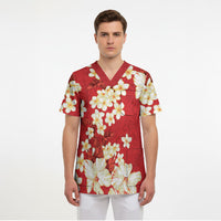 Hawaii Hibiscus Plumeria Red Scrub Top Polynesian Pattern LT01 - Polynesian Pride