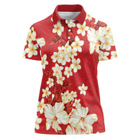 Hawaii Hibiscus Plumeria Red Women Polo Shirt Polynesian Pattern