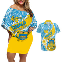 personalised-tuvalu-independence-day-couples-matching-off-shoulder-short-dress-and-hawaiian-shirt-plumeria-45th-anniversary