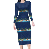 Hawaii Santa Riding Sea Turtle Family Matching Long Sleeve Bodycon Dress and Hawaiian Shirt Mele Kalikimaka Polynesian Pattern LT01 Mom's Dress Blue - Polynesian Pride