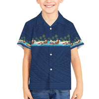 Hawaii Santa Riding Sea Turtle Family Matching Off Shoulder Short Dress and Hawaiian Shirt Mele Kalikimaka Polynesian Pattern LT01 Son's Shirt Blue - Polynesian Pride