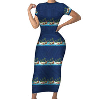 Hawaii Santa Riding Sea Turtle Family Matching Short Sleeve Bodycon Dress and Hawaiian Shirt Mele Kalikimaka Polynesian Pattern LT01 Mom's Dress Blue - Polynesian Pride