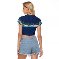 Hawaii Santa Riding Sea Turtle Raglan Cropped T Shirt Mele Kalikimaka Polynesian Pattern - Polynesian Pride