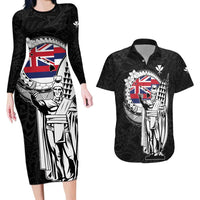 Personalized Hawaii King Kamehameha Couples Matching Long Sleeve Bodycon Dress and Hawaiian Shirt Flag Polynesian Pattern