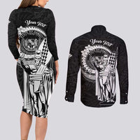Personalized Hawaii King Kamehameha Couples Matching Long Sleeve Bodycon Dress and Long Sleeve Button Shirt Flag Polynesian Pattern
