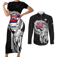Personalized Hawaii King Kamehameha Couples Matching Short Sleeve Bodycon Dress and Long Sleeve Button Shirt Flag Polynesian Pattern