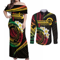 Vanuatu Independence Day Couples Matching Off Shoulder Maxi Dress and Long Sleeve Button Shirt Yumi 46th Hapi Indipendens Dei LT01 Black - Polynesian Pride