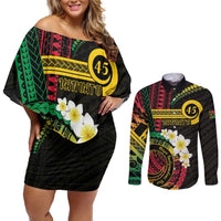 Vanuatu Independence Day Couples Matching Off Shoulder Short Dress and Long Sleeve Button Shirt Yumi 46th Hapi Indipendens Dei LT01 Black - Polynesian Pride