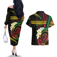 Vanuatu Independence Day Couples Matching Off The Shoulder Long Sleeve Dress and Hawaiian Shirt Yumi 46th Hapi Indipendens Dei LT01 - Polynesian Pride