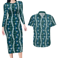 Pikake Maile Tiare Lei Couples Matching Long Sleeve Bodycon Dress and Hawaiian Shirt Polu Lauhala Pattern